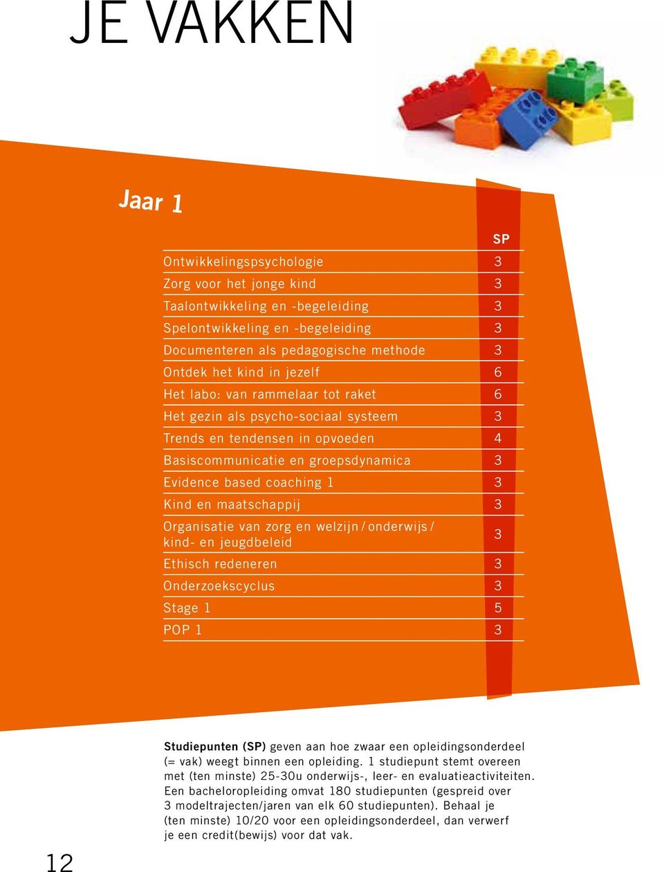 maatschappij 3 Organisatie van zorg en welzijn / onderwijs / kind- en jeugdbeleid Ethisch redeneren 3 Onderzoekscyclus 3 Stage 1 5 POP 1 3 SP 3 12 Studiepunten (SP) geven aan hoe zwaar een