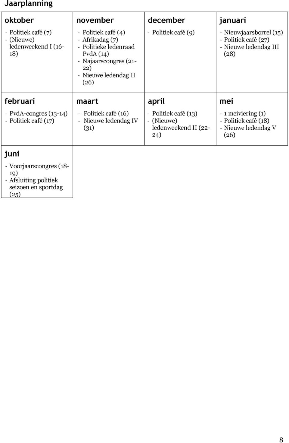 (28) februari maart april mei - PvdA-congres (13-14) - Politiek café (17) - Politiek café (16) - Nieuwe ledendag IV (31) - Politiek café (13) - (Nieuwe)