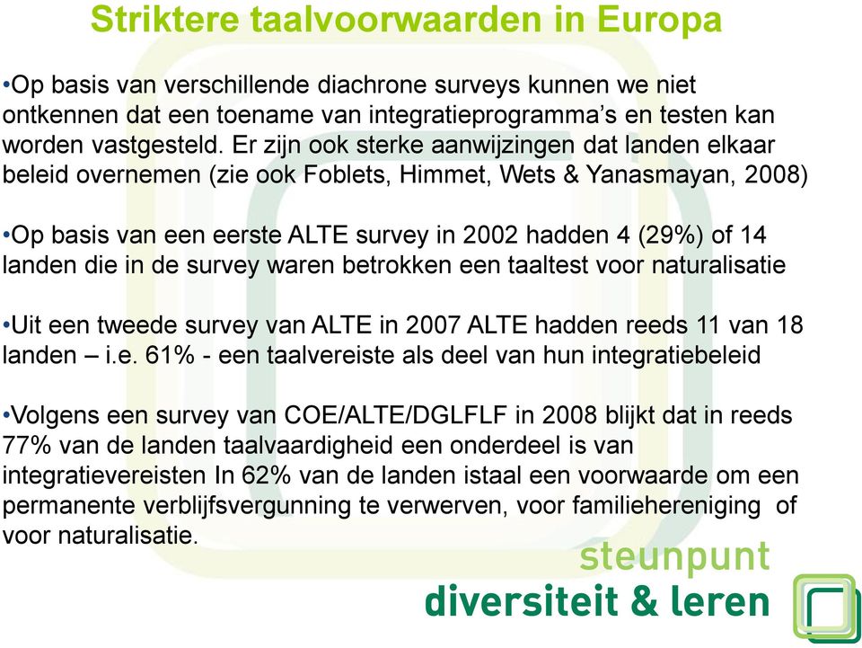 de survey waren betrokken een taaltest voor naturalisatie Uit een tweede survey van ALTE in 2007 ALTE hadden reeds 11 van 18 landen i.e. 61% - een taalvereiste als deel van hun integratiebeleid