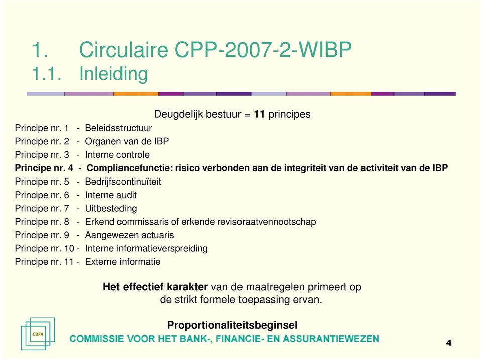 6 - Interne audit Principe nr. 7 - Uitbesteding Principe nr. 8 - Erkend commissaris of erkende revisoraatvennootschap Principe nr. 9 - Aangewezen actuaris Principe nr.