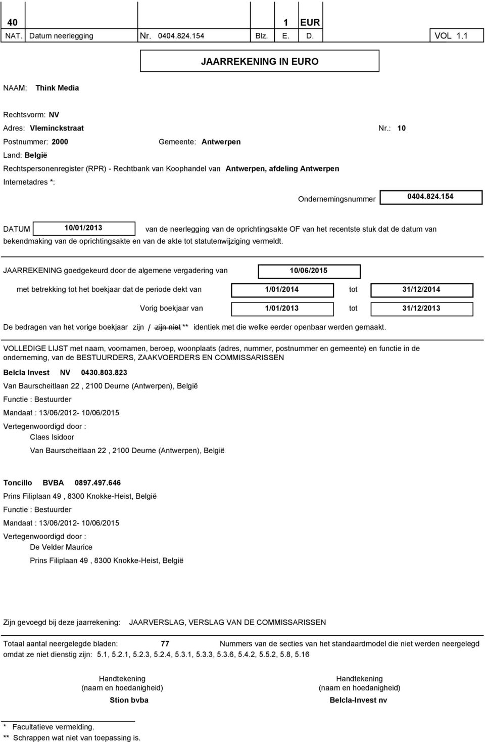 154 DATUM 10/01/2013 van de neerlegging van de oprichtingsakte OF van het recentste stuk dat de datum van bekendmaking van de oprichtingsakte en van de akte tot statutenwijziging vermeldt.