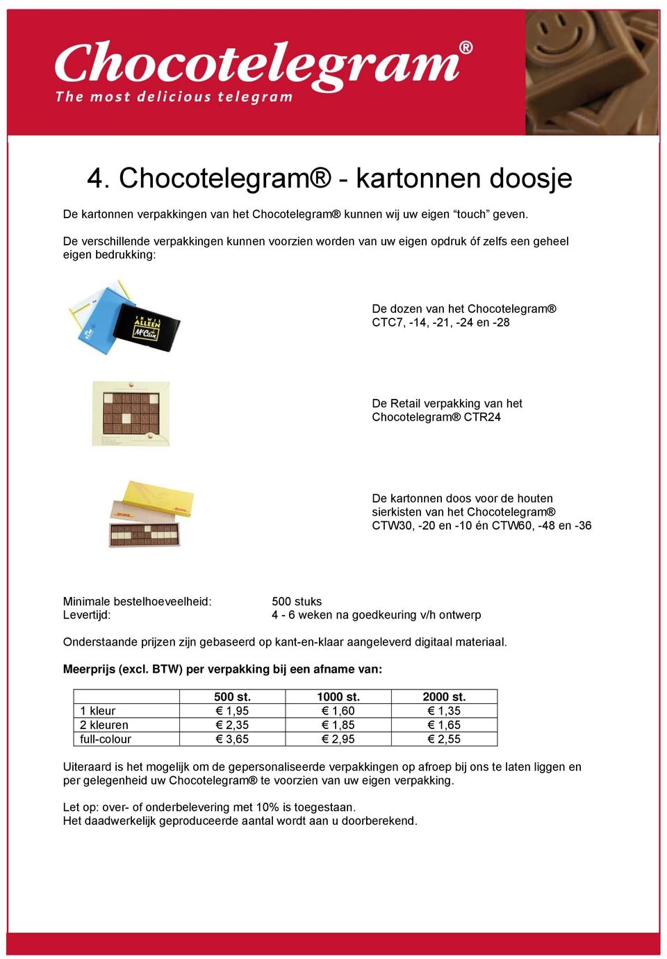 Chocotelegram CTR24 De kartonnen doos voor de houten sierkisten van het Chocotelegram CTW30, -20 en -10 én CTW60, -48 en -36 500 stuks 4-6 weken na goedkeuring v/h ontwerp Meerprijs (excl.