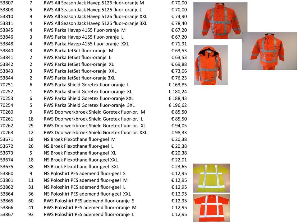 53840 3 RWS Parka JetSet fluor oranje M 63,53 53841 2 RWS Parka JetSet fluor oranje L 63,53 53842 2 RWS Parka JetSet fluor oranje XL 69,88 53843 3 RWS Parka JetSet fluor oranje XXL 73,06 53844 2 RWS