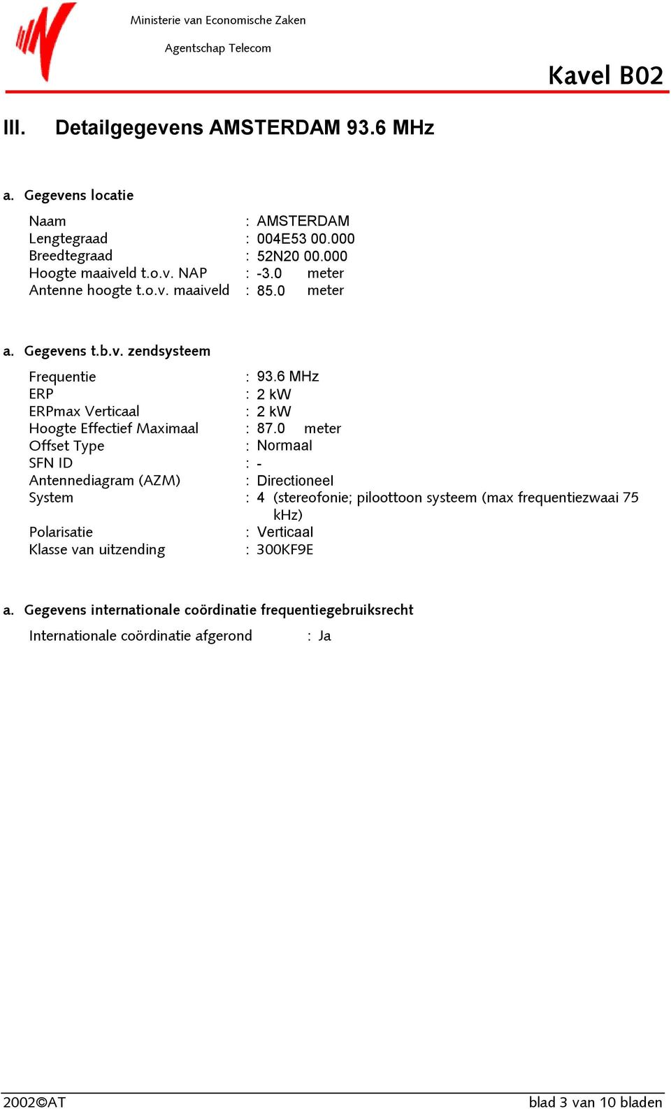 6 MHz ERP : 2 kw ERPmax Verticaal : 2 kw Hoogte Effectief Maximaal : 87.