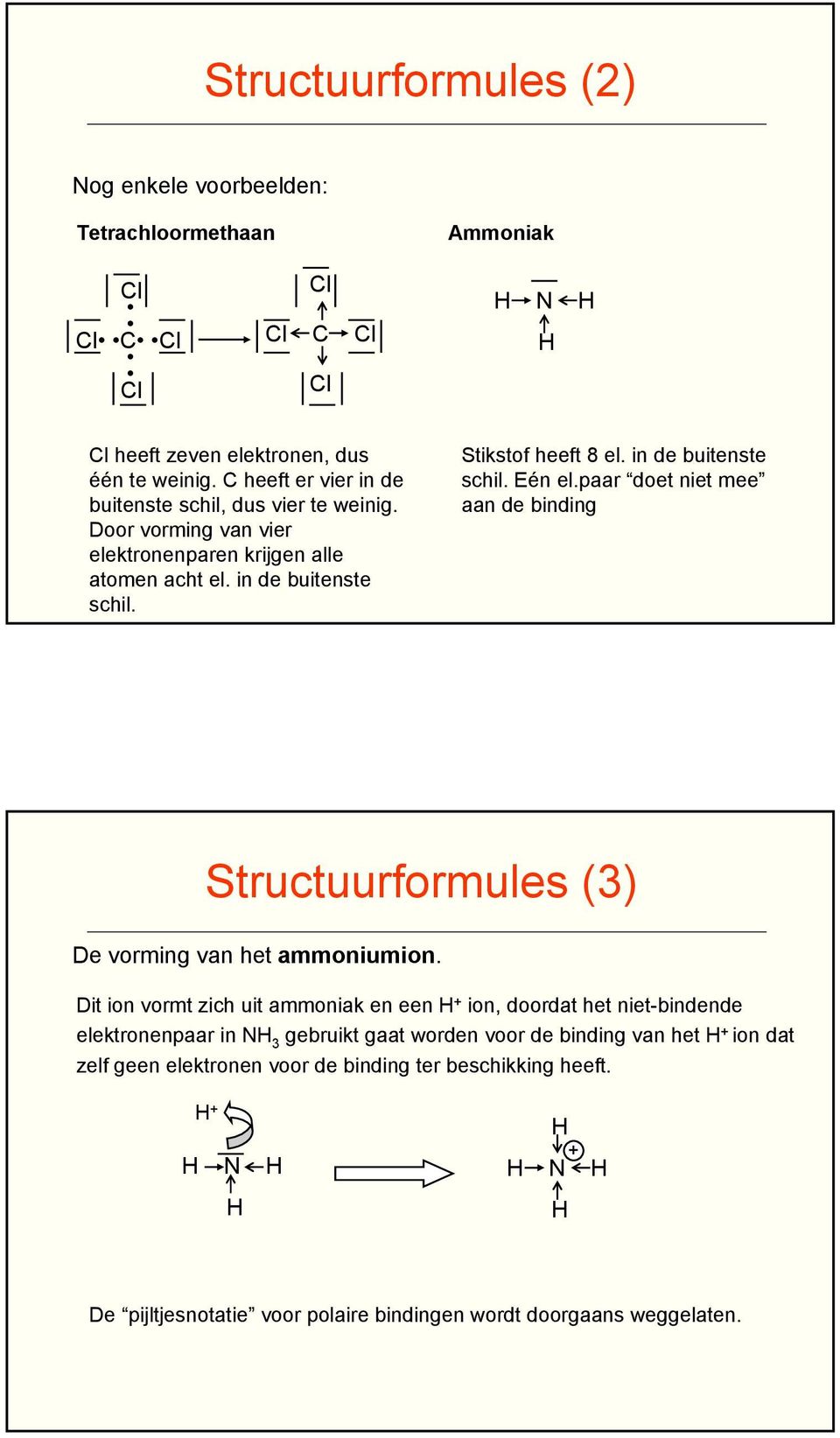 in de buitenste schil. Eén el.paar doet niet mee aan de binding Structuurformules (3) De vorming van het ammoniumion.