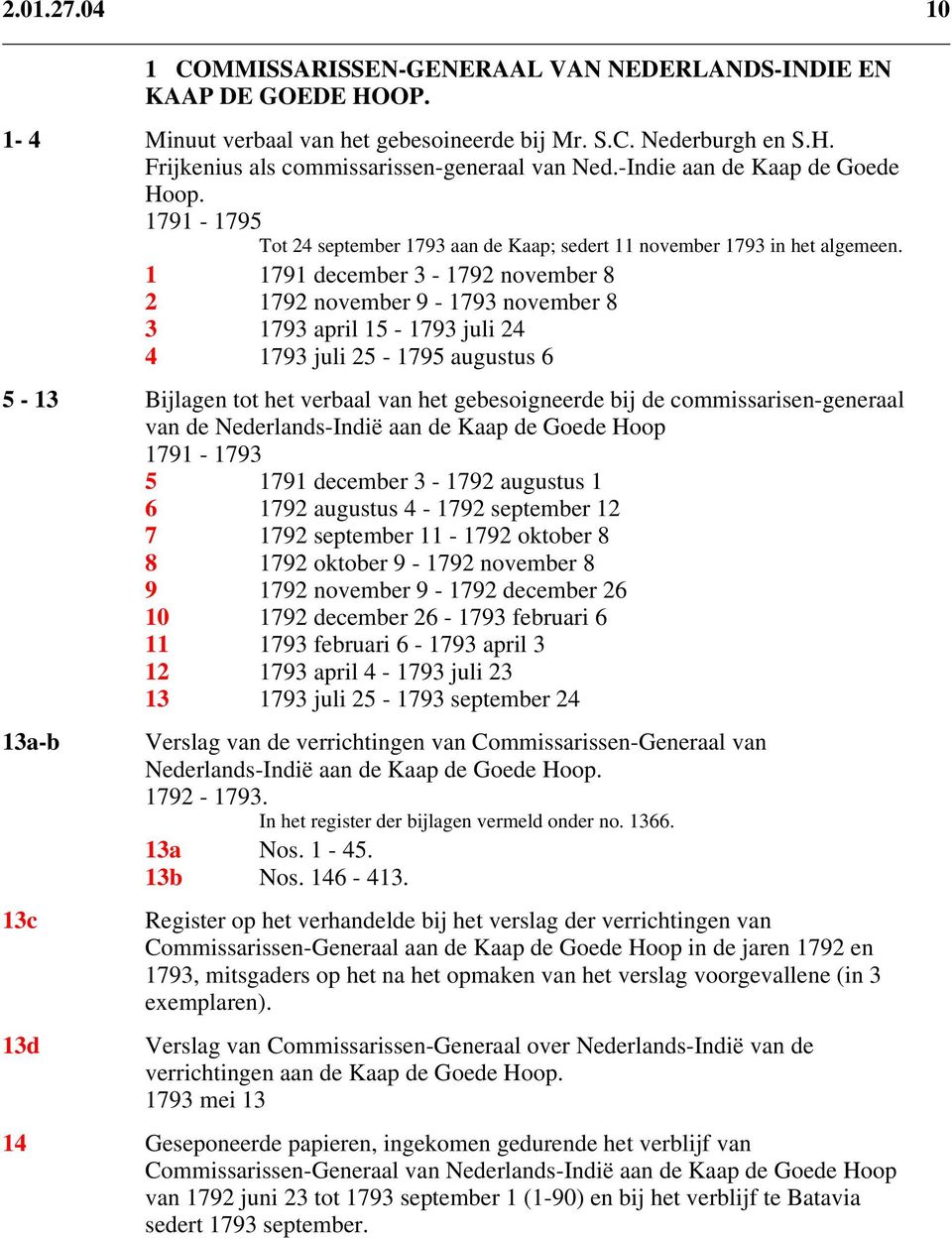 1 1791 december 3-1792 november 8 2 1792 november 9-1793 november 8 3 1793 april 15-1793 juli 24 4 1793 juli 25-1795 augustus 6 5-13 Bijlagen tot het verbaal van het gebesoigneerde bij de