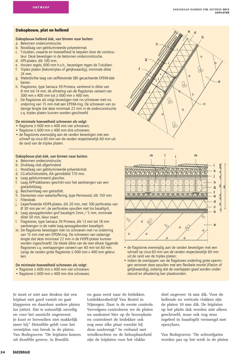 f. Triplex platen (betontriplex of gelijkwaardig), minimale dikte 24 mm. g. Waterdichte laag van zelfklevende SBS gecacheerde EPDM-dakbanen. h.