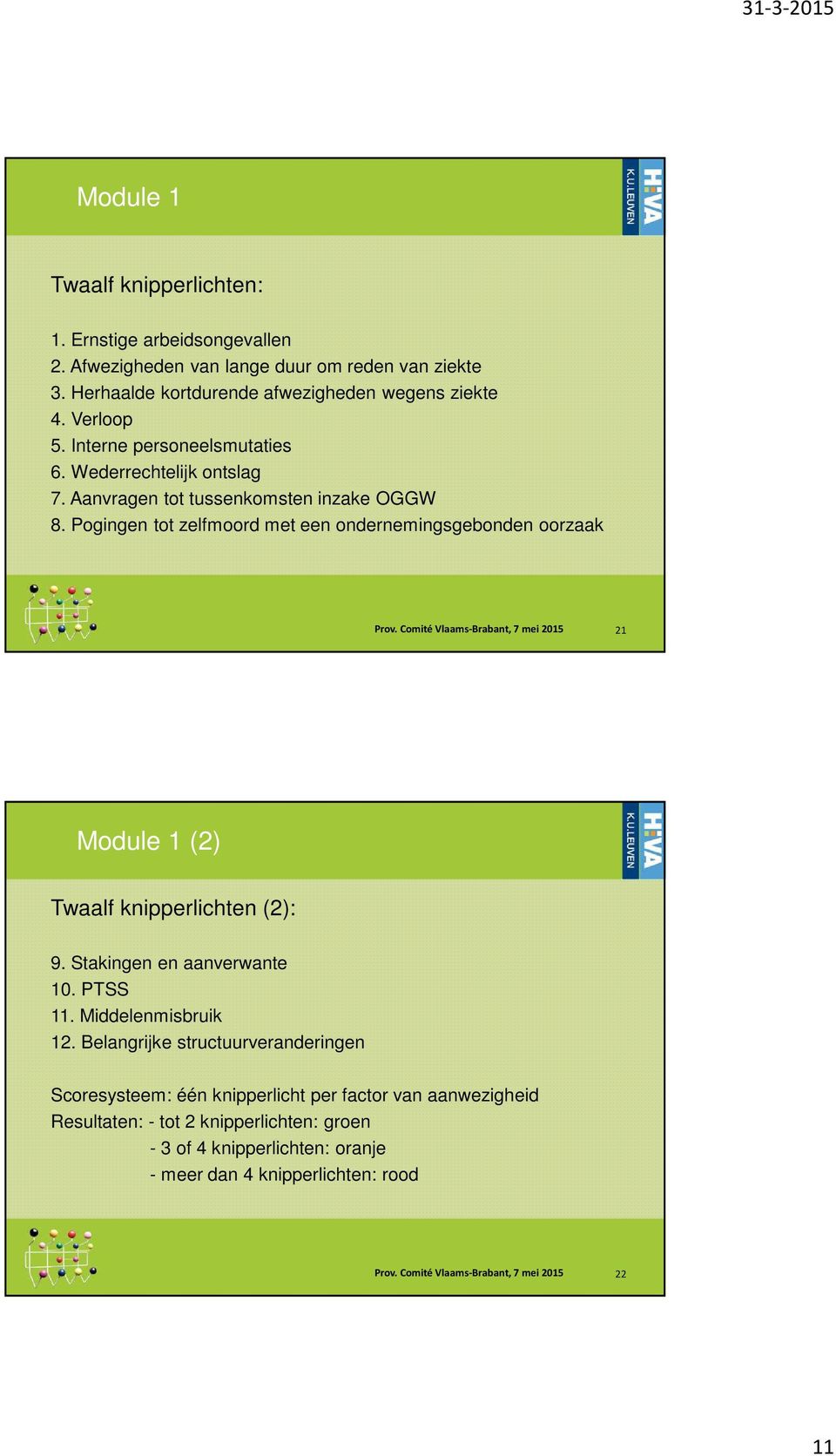 Comité Vlaams-Brabant, 7 mei 2015 21 Module 1 (2) Twaalf knipperlichten (2): 9. Stakingen en aanverwante 10. PTSS 11. Middelenmisbruik 12.