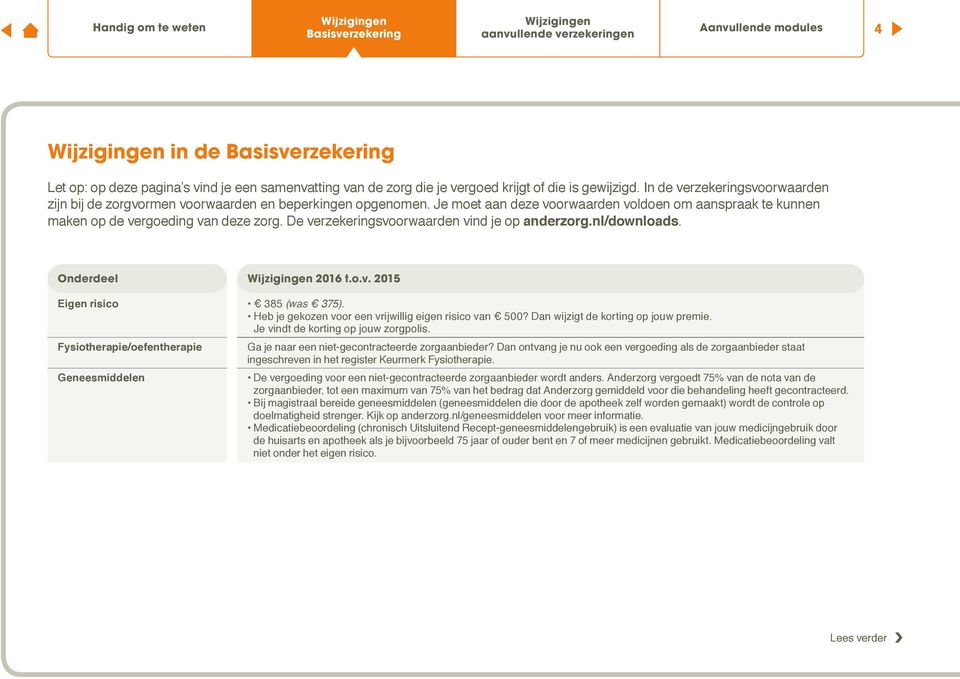 De verzekeringsvoorwaarden vind je op anderzorg.nl/downloads. Onderdeel 2016 t.o.v. 2015 Eigen risico 385 (was 375). Heb je gekozen voor een vrijwillig eigen risico van 500?