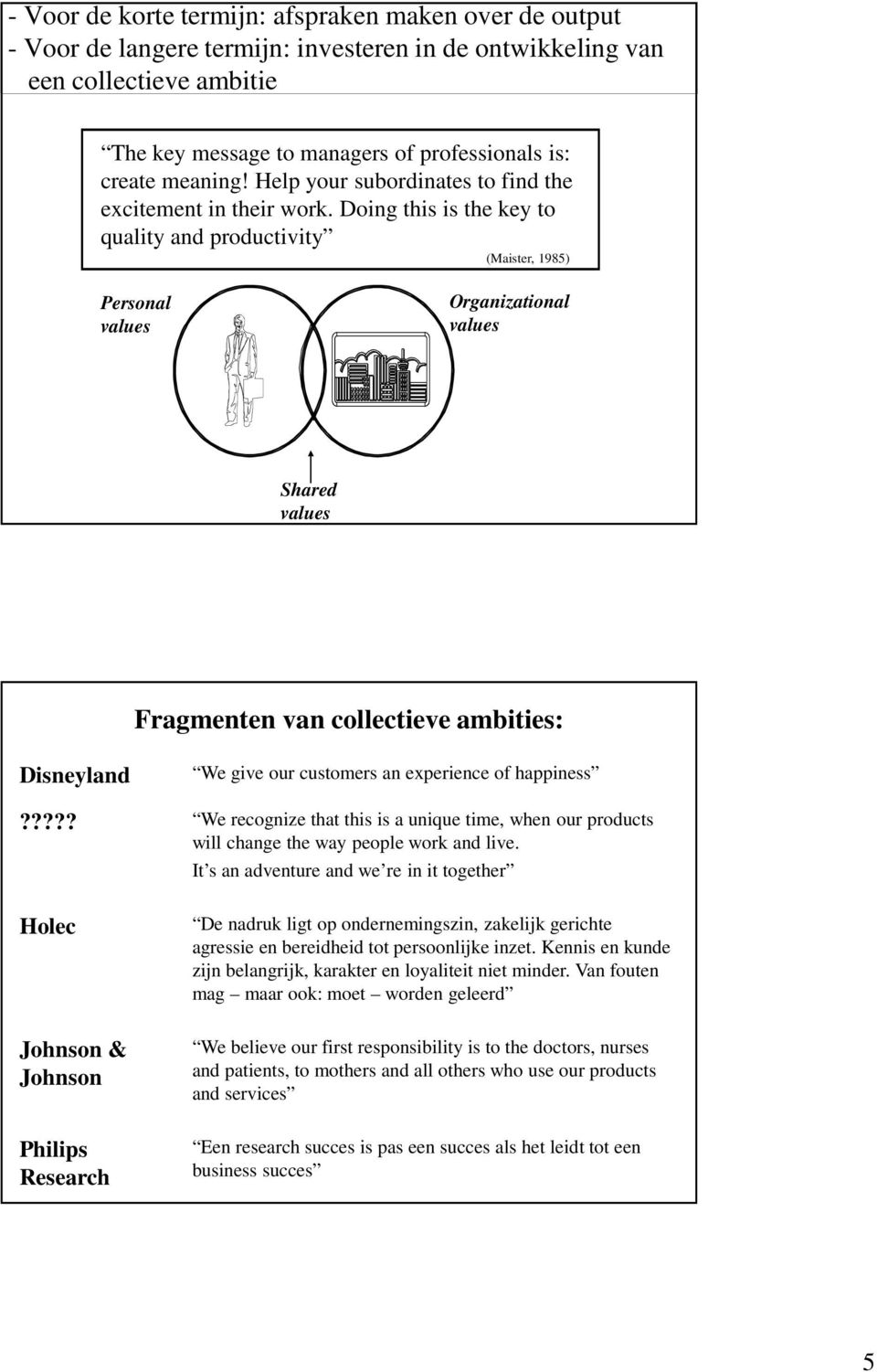 Doing this is the key to quality and productivity (Maister, 1985) Personal values Organizational values Shared values Fragmenten van collectieve ambities: Disneyland We give our customers an