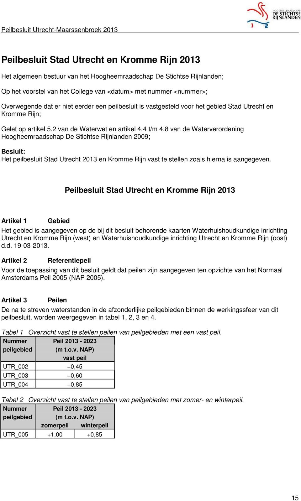 8 van de Waterverordening Hoogheemraadschap De Stichtse Rijnlanden 2009; Besluit: Het peilbesluit Stad Utrecht 2013 en Kromme Rijn vast te stellen zoals hierna is aangegeven.