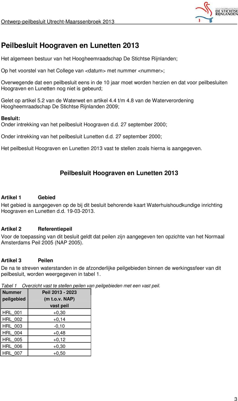 2 van de Waterwet en artikel 4.4 t/m 4.8 van de Waterverordening Hoogheemraadschap De Stichtse Rijnlanden 2009; Besluit: Onder intrekking van het peilbesluit Hoograven d.d. 27 september 2000; Onder intrekking van het peilbesluit Lunetten d.