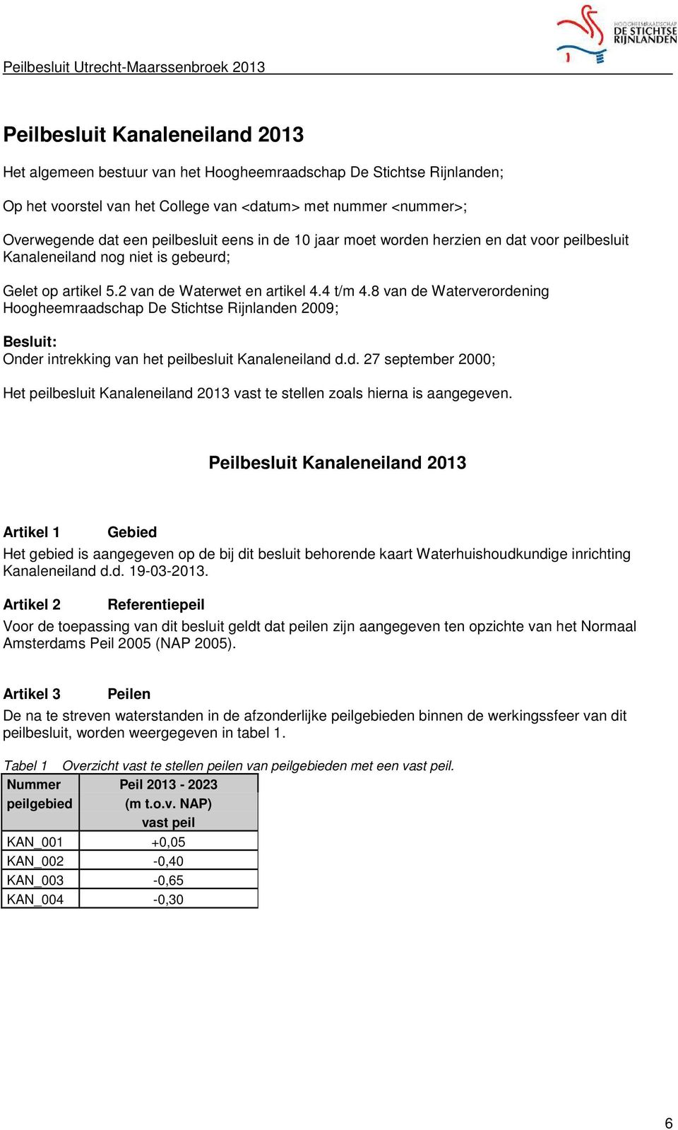 8 van de Waterverordening Hoogheemraadschap De Stichtse Rijnlanden 2009; Besluit: Onder intrekking van het peilbesluit Kanaleneiland d.d. 27 september 2000; Het peilbesluit Kanaleneiland 2013 vast te stellen zoals hierna is aangegeven.