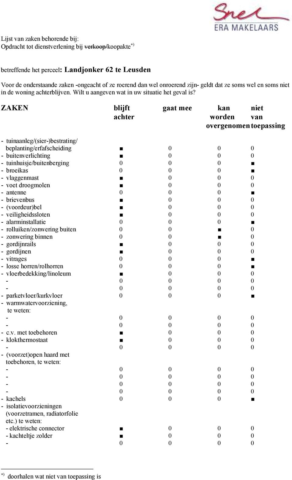 ZAKEN blijft gaat mee kan niet achter worden van overgenomen toepassing - tuinaanleg/(sier-)bestrating/ beplanting/erfafscheiding 0 0 0 - buitenverlichting 0 0 0 - tuinhuisje/buitenberging 0 0 0 -