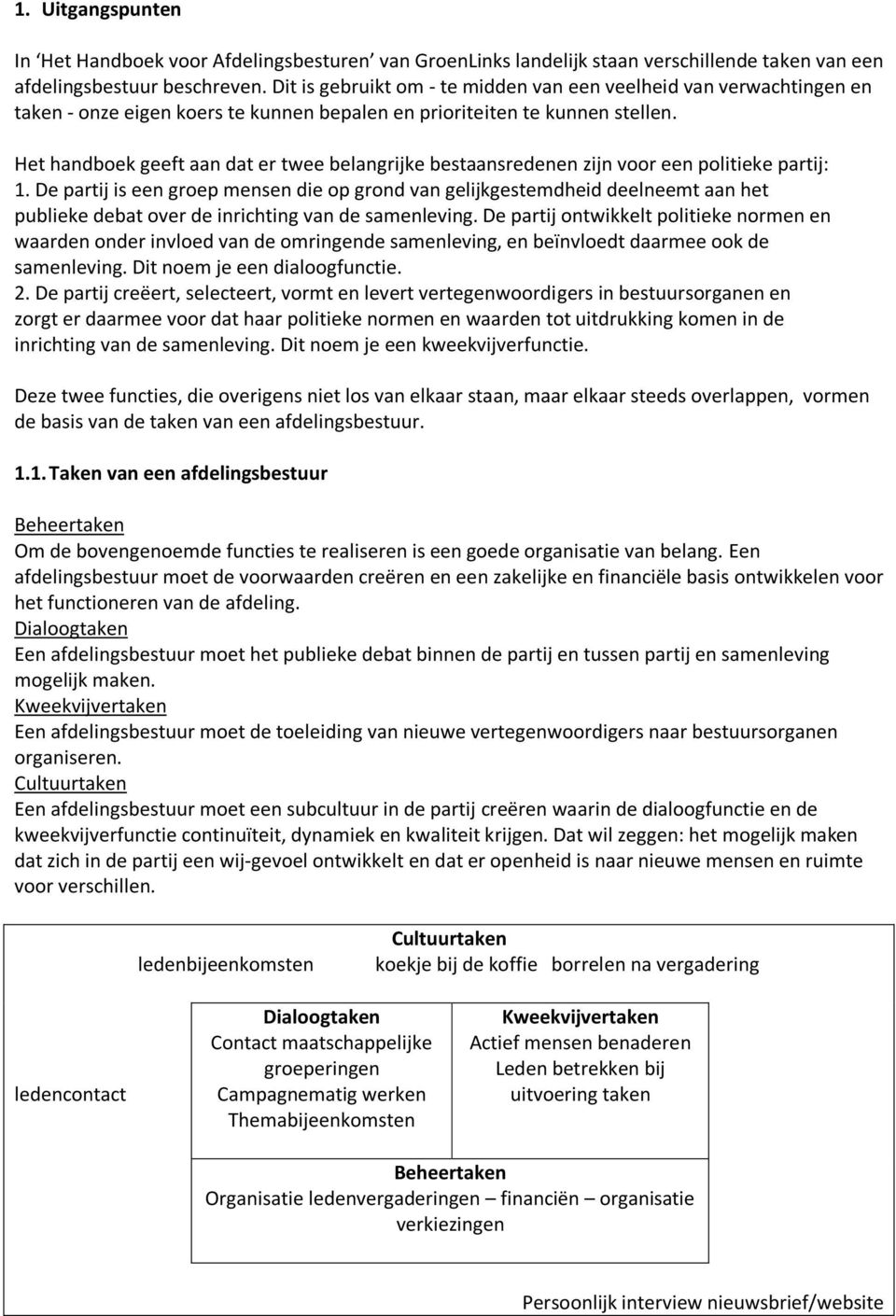 Het handboek geeft aan dat er twee belangrijke bestaansredenen zijn voor een politieke partij: 1.