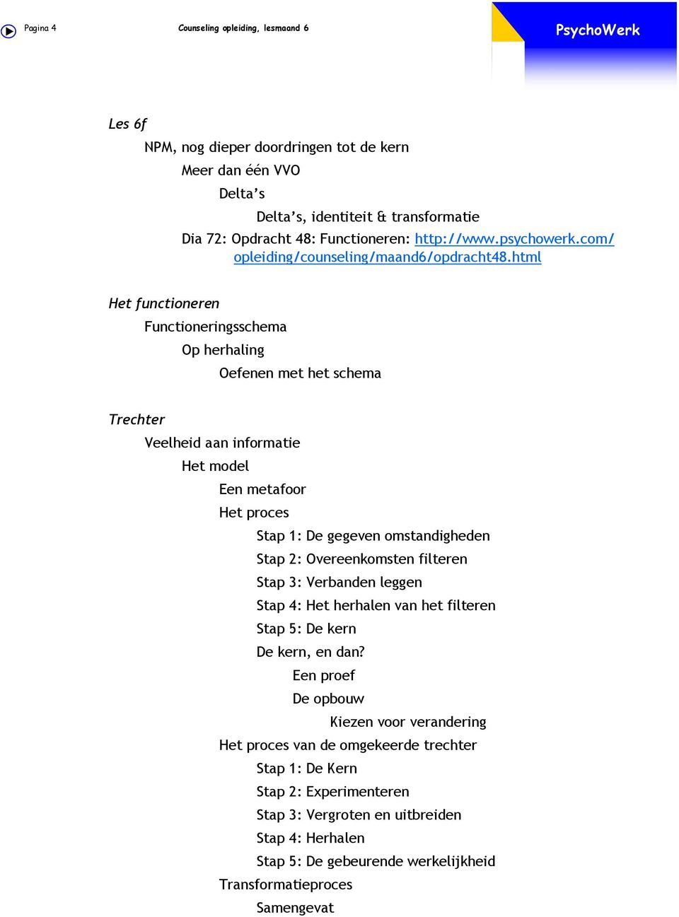 html Het functioneren Functioneringsschema Op herhaling Oefenen met het schema Trechter Veelheid aan informatie Het model Een metafoor Het proces Stap 1: De gegeven omstandigheden Stap 2: