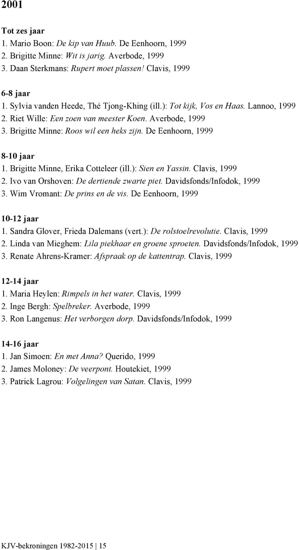 De Eenhoorn, 1999 1. Brigitte Minne, Erika Cotteleer (ill.): Sien en Yassin. Clavis, 1999 2. Ivo van Orshoven: De dertiende zwarte piet. Davidsfonds/Infodok, 1999 3. Wim Vromant: De prins en de vis.