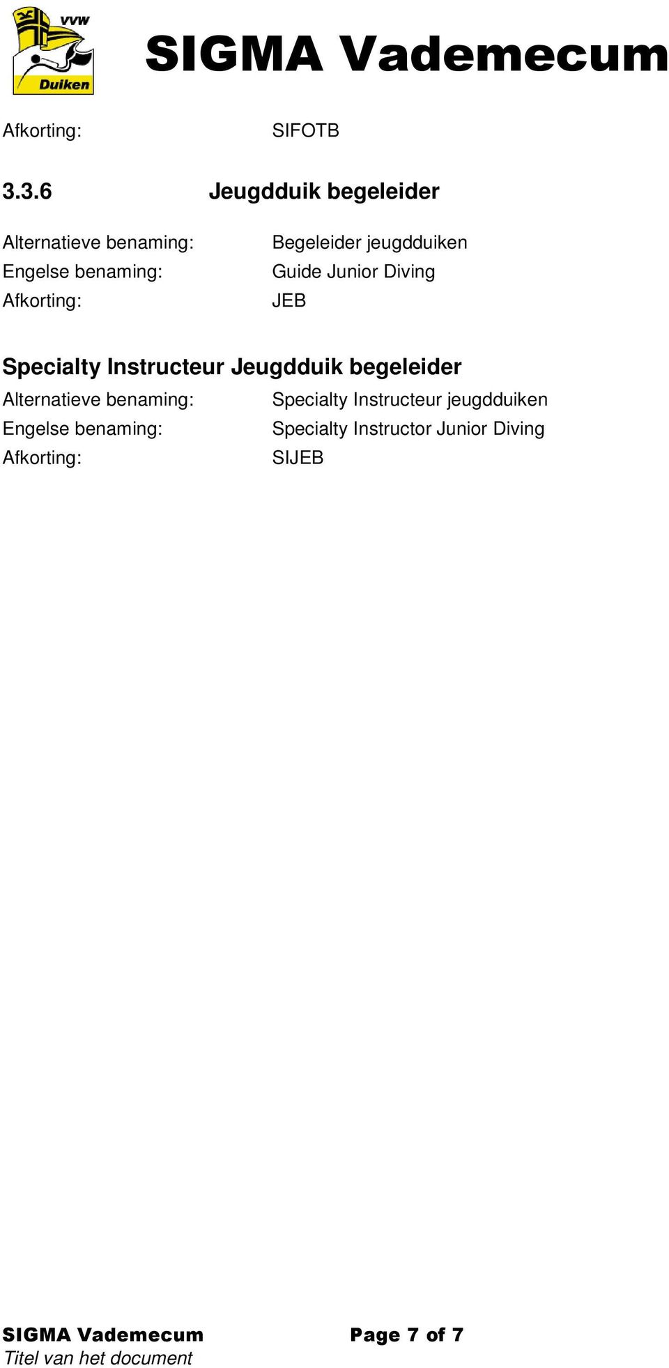 Junior Diving JEB Specialty Instructeur Jeugdduik