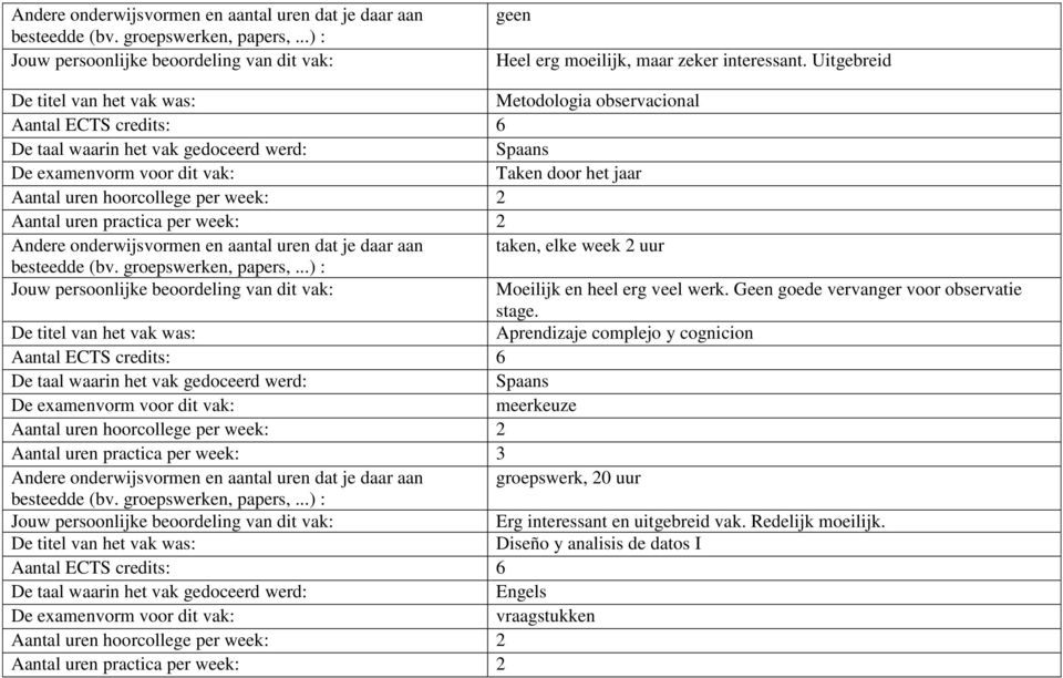 taken, elke week 2 uur Moeilijk en heel erg veel werk. Geen goede vervanger voor observatie stage.