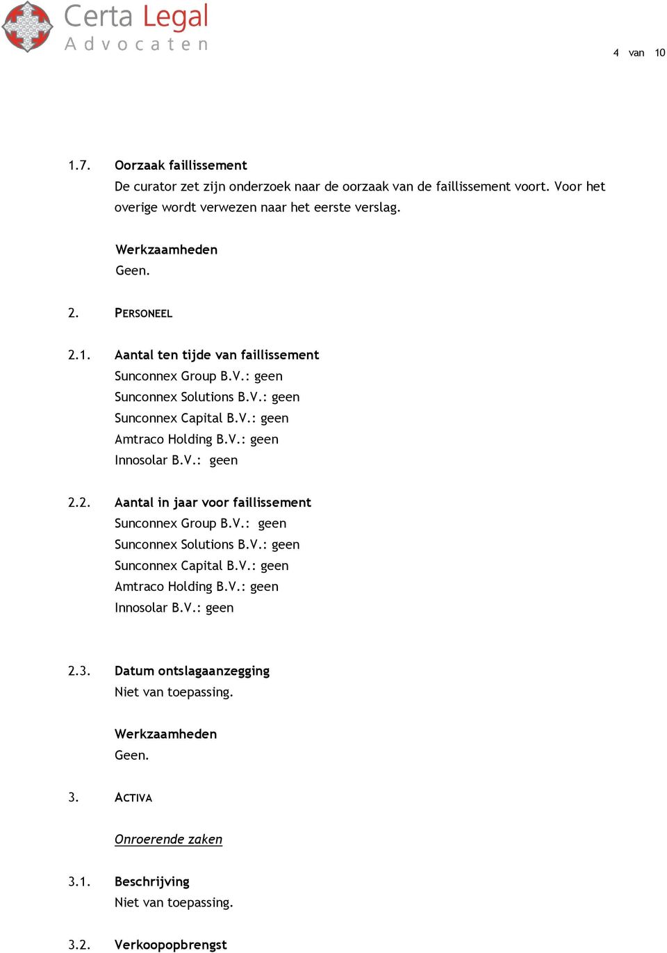 V.: geen Sunconnex Capital B.V.: geen Amtraco Holding B.V.: geen Innosolar B.V.: geen 2.2. Aantal in jaar voor faillissement Sunconnex Group B.V.: geen Sunconnex Solutions B.