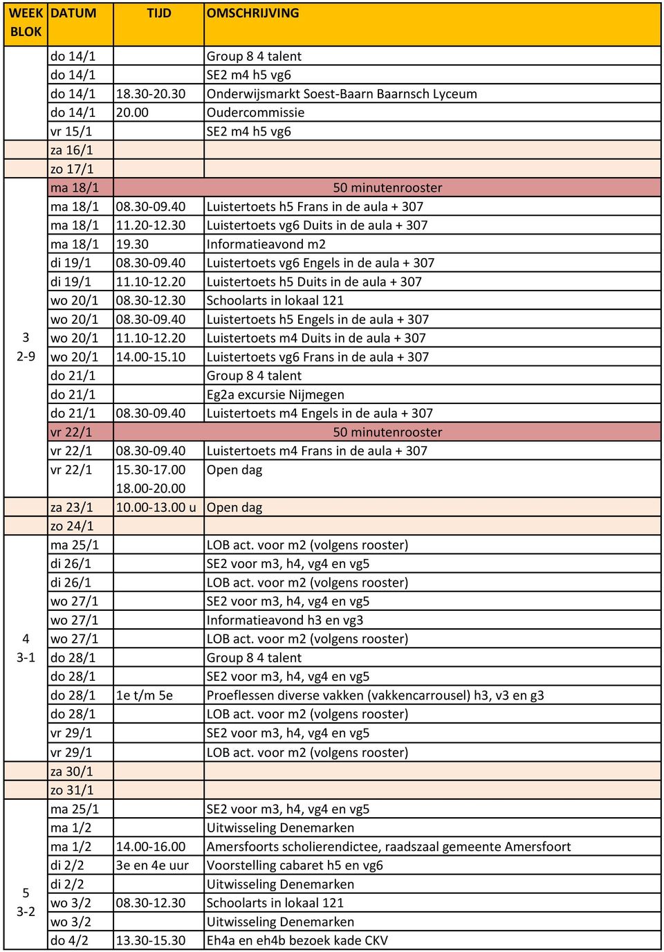 30 Luistertoets vg6 Duits in de aula + 307 ma 18/1 19.30 Informatieavond m2 di 19/1 08.30-09.40 Luistertoets vg6 Engels in de aula + 307 di 19/1 11.10-12.