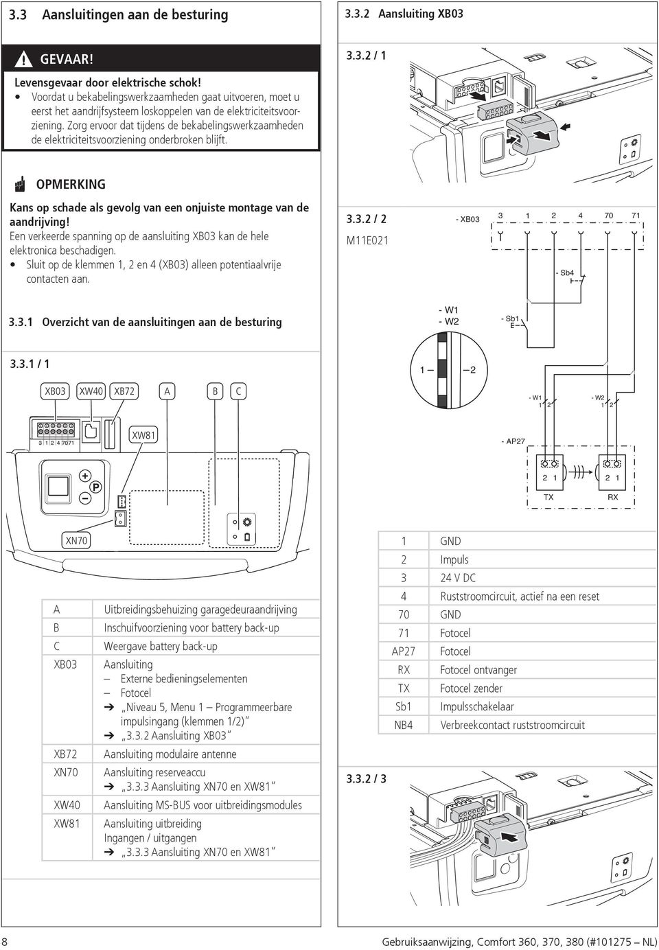 Zorg ervoor dat tijdens de bekabelingswerkzaamheden de elektriciteitsvoorziening onderbroken blijft. OPMERKING Kans op schade als gevolg van een onjuiste montage van de aandrijving!