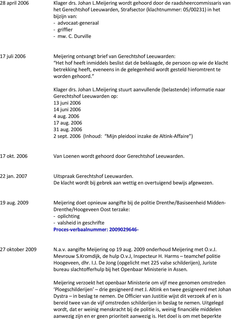 Durville 17 juli 2006 Meijering ontvangt brief van Gerechtshof Leeuwarden: Het hof heeft inmiddels beslist dat de beklaagde, de persoon op wie de klacht betrekking heeft, eveneens in de gelegenheid