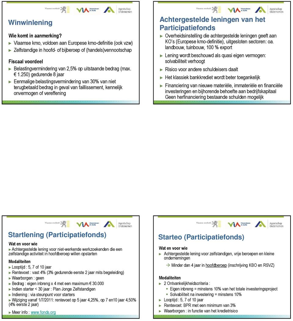 250) gedurende 8 jaar Eenmalige belastingsvermindering van 30% van niet terugbetaald bedrag in geval van faillissement, kennelijk onvermogen of vereffening Achtergestelde leningen van het