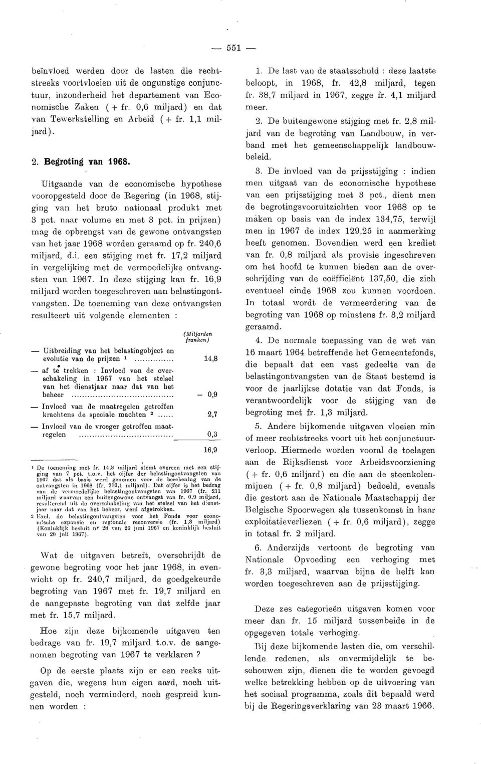 Uitgaande van de economische hypothese vooropgesteld door de Regering (in 1968, stijging van het bruto nationaal produkt met 3 pct. naar volume en met 3 pct.