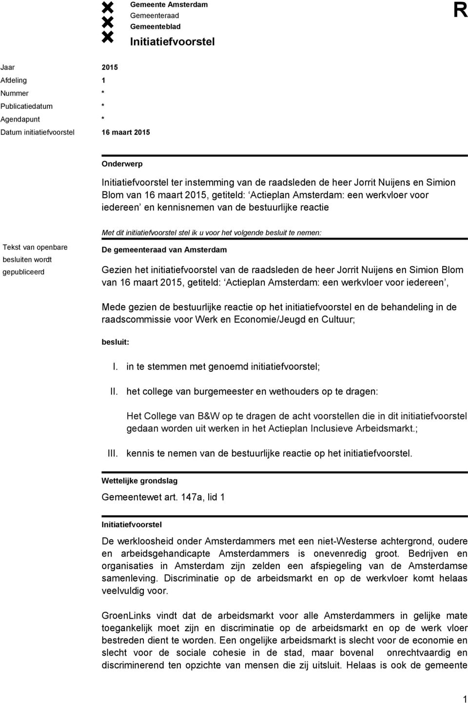 besluiten wordt gepubliceerd De gemeenteraad van Amsterdam Gezien het initiatiefvoorstel van de raadsleden de heer Jorrit Nuijens en Simion Blom van 16 maart 2015, getiteld: Actieplan Amsterdam: een