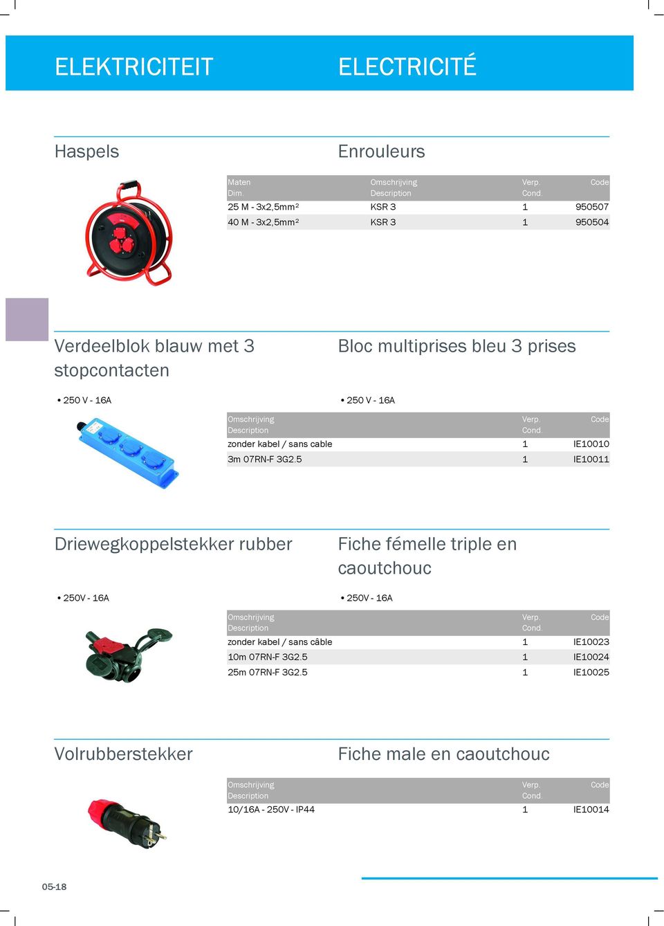 prises 2 V - 6A 2 V - 6A zonder kabel / sans cable 3m 07RN-F 3G2.