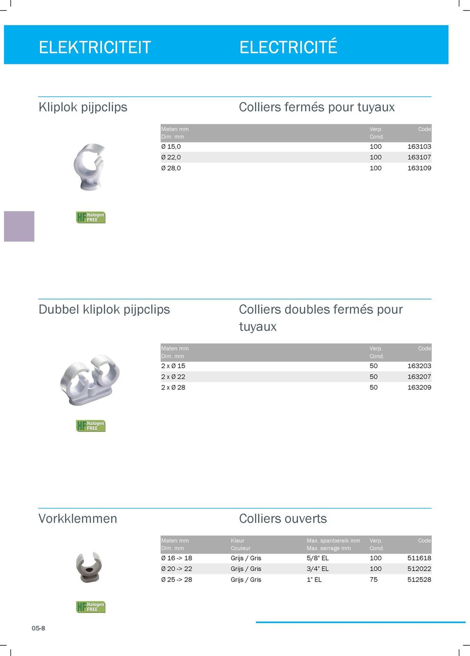 pour tuyaux 2 x Ø 5 2 x Ø 22 2 x Ø 28 633 637 639 Vorkklemmen Colliers ouverts