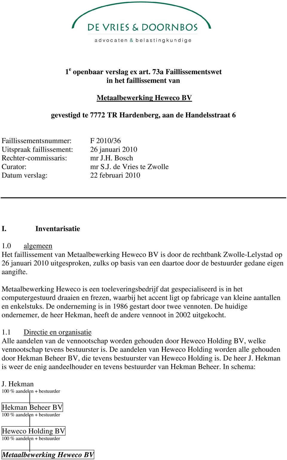 2010 Rechter-commissaris: mr J.H. Bosch Curator: mr S.J. de Vries te Zwolle Datum verslag: 22 februari 2010 I. Inventarisatie 1.