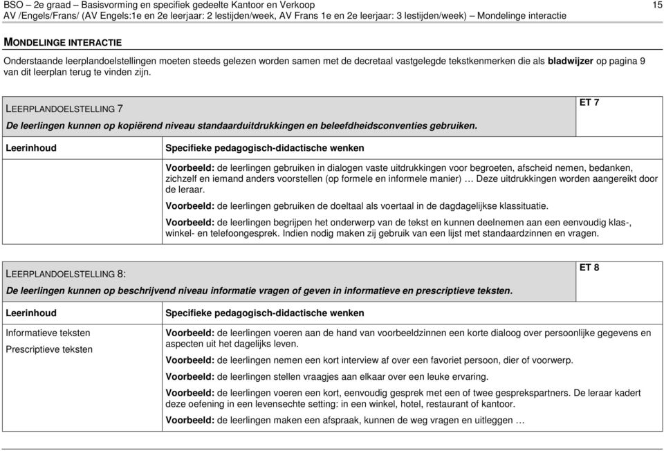 LEERPLANDOELSTELLING 7 De leerlingen kunnen op kopiërend niveau standaarduitdrukkingen en beleefdheidsconventies gebruiken.