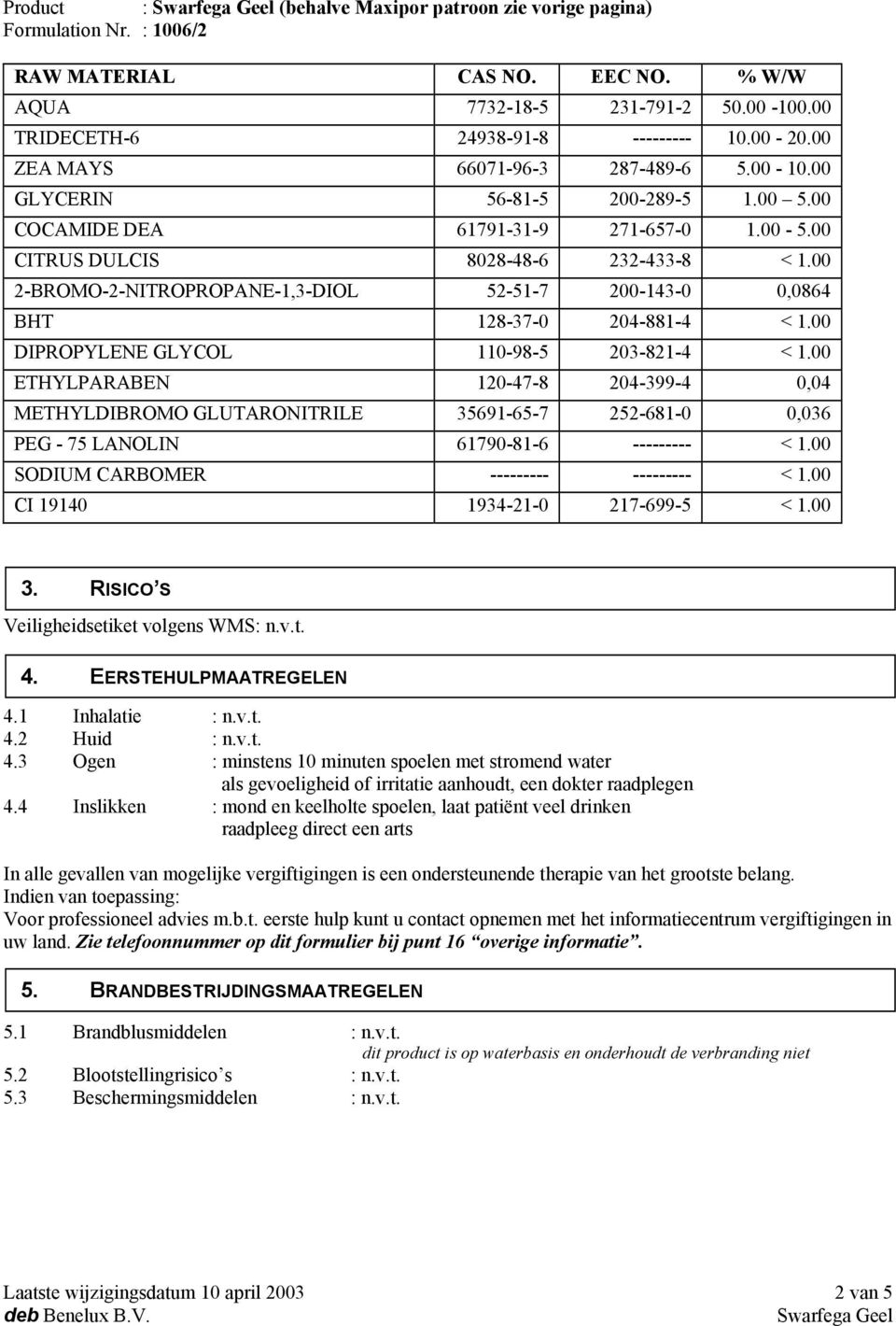 00 2-BROMO-2-NITROPROPANE-1,3-DIOL 52-51-7 200-143-0 0,0864 BHT 128-37-0 204-881-4 < 1.00 DIPROPYLENE GLYCOL 110-98-5 203-821-4 < 1.