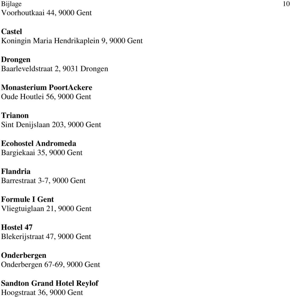 Andromeda Bargiekaai 35, 9000 Gent Flandria Barrestraat 3-7, 9000 Gent Formule I Gent Vliegtuiglaan 21, 9000 Gent
