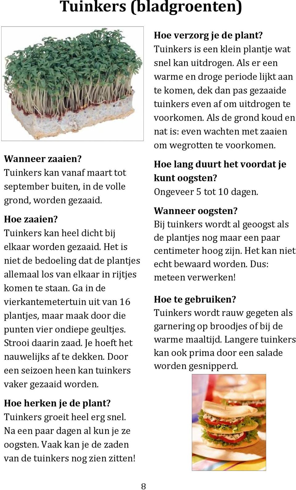 Strooi daarin zaad. Je hoeft het nauwelijks af te dekken. Door een seizoen heen kan tuinkers vaker gezaaid worden. Tuinkers is een klein plantje wat snel kan uitdrogen.