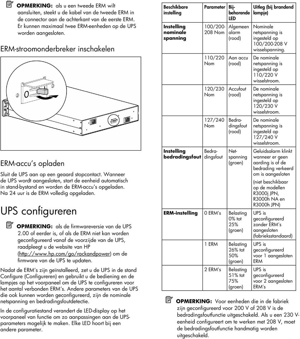 Wanneer de UPS wordt aangesloten, start de eenheid automatisch in stand-bystand en worden de ERM-accu s opgeladen. Na 24 uur is de ERM volledig opgeladen.