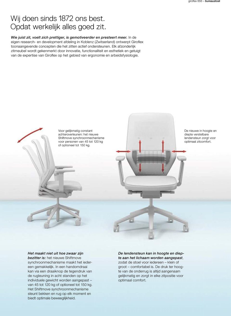 Elk afzonderlijk zitmeubel wordt gekenmerkt door innovatie, functionaliteit en esthetiek en getuigt van de expertise van Giroflex op het gebied van ergonomie en arbeidsfysiologie.