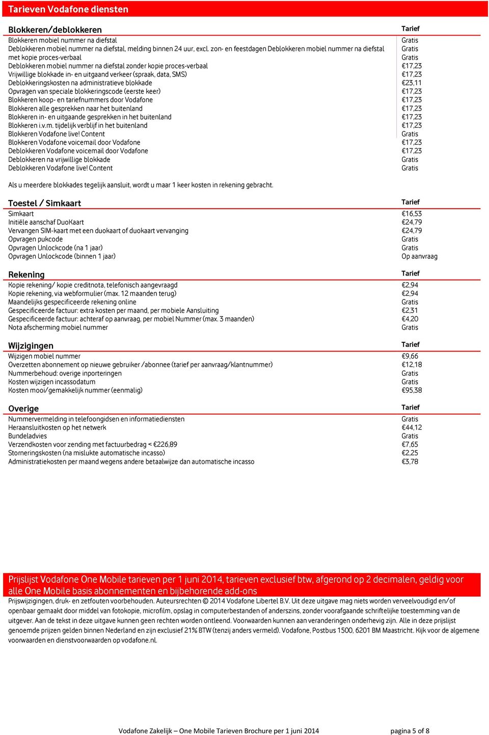 (spraak, data, SMS) Deblokkeringskosten na administratieve blokkade Opvragen van speciale blokkeringscode (eerste keer) Blokkeren koop- en tariefnummers door Vodafone Blokkeren alle gesprekken naar