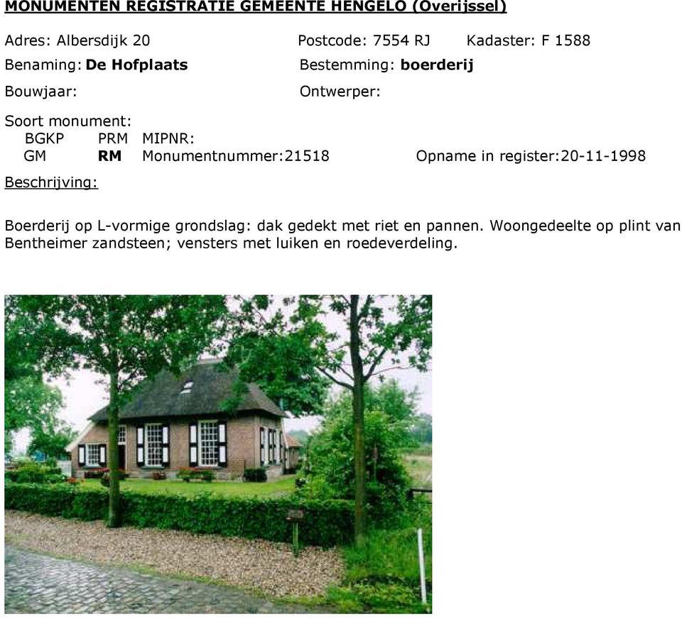 register:20-11-1998 Boerderij op L-vormige grondslag: dak gedekt met riet en