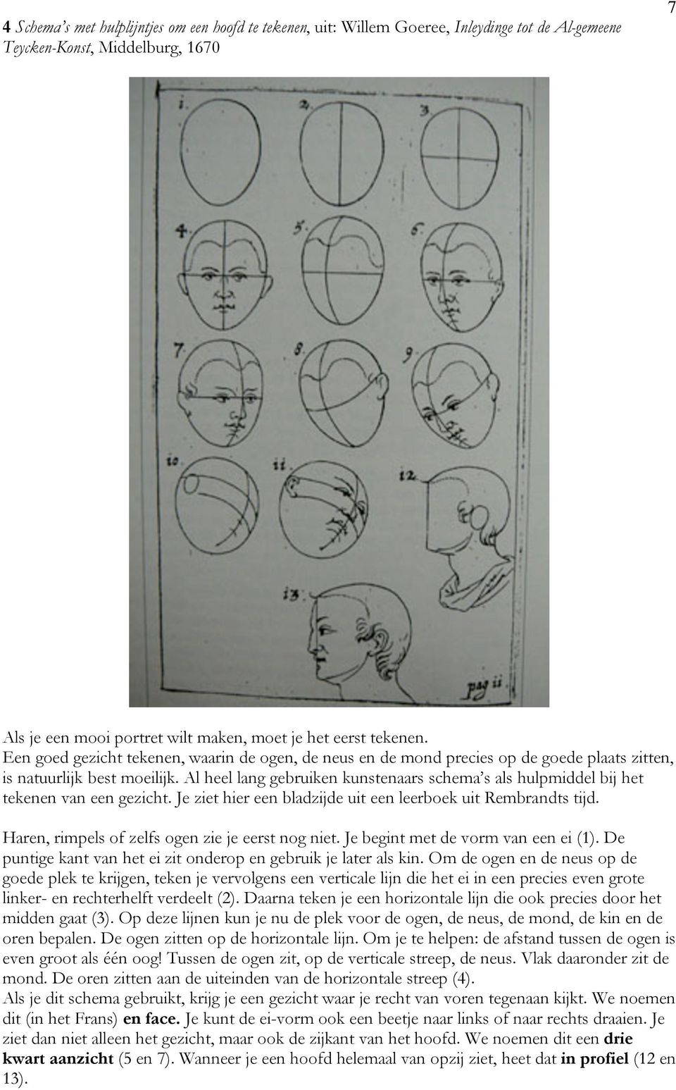 Al heel lang gebruiken kunstenaars schema s als hulpmiddel bij het tekenen van een gezicht. Je ziet hier een bladzijde uit een leerboek uit Rembrandts tijd.