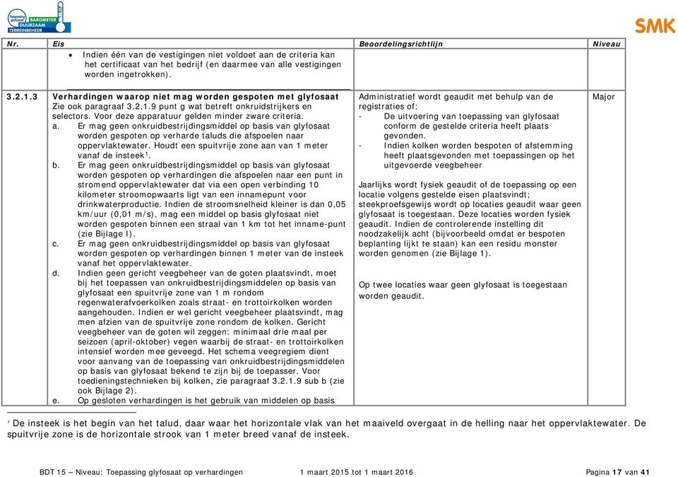 paratuur gelden minder zware criteria. a. Er mag geen onkruidbestrijdingsmiddel op basis van glyfosaat worden gespoten op verharde taluds die afspoelen naar oppervlaktewater.