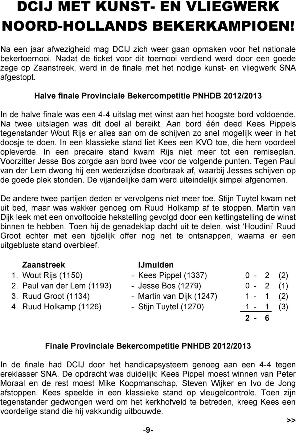 Halve finale Provinciale Bekercompetitie PNHDB 2012/2013 In de halve finale was een 4-4 uitslag met winst aan het hoogste bord voldoende. Na twee uitslagen was dit doel al bereikt.