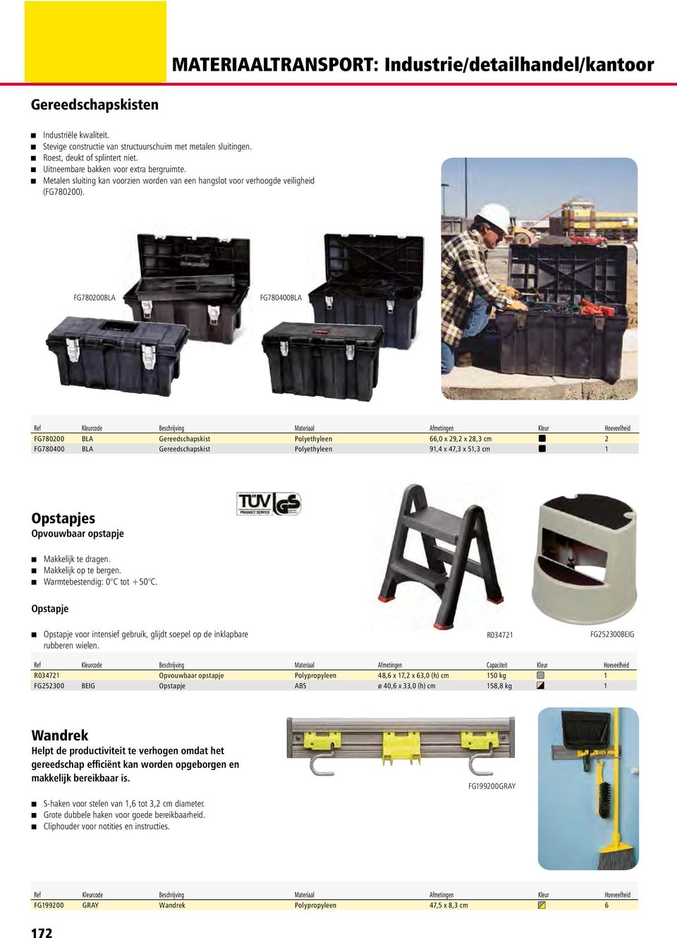 FG780200BLA FG780400BLA Ref Kleurcode Beschrijving Materiaal Afmetingen Kleur Hoeveelheid FG780200 BLA Gereedschapskist Polyethyleen 66,0 x 29,2 x 28,3 cm 2 FG780400 BLA Gereedschapskist Polyethyleen