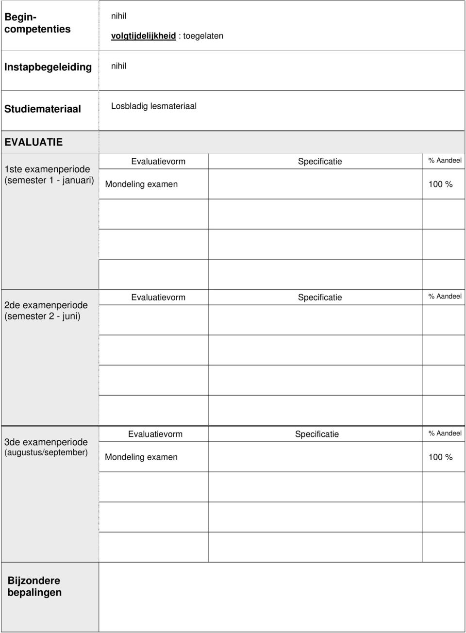 (semester 1 - januari) Mondeling examen 100 % 2de examenperiode (semester 2