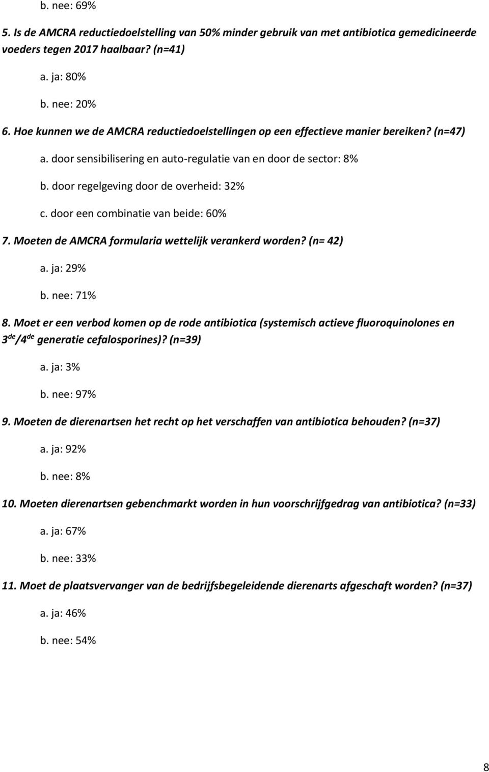 door een combinatie van beide: 60% 7. Moeten de AMCRA formularia wettelijk verankerd worden? (n= 42) a. ja: 29% b. nee: 71% 8.