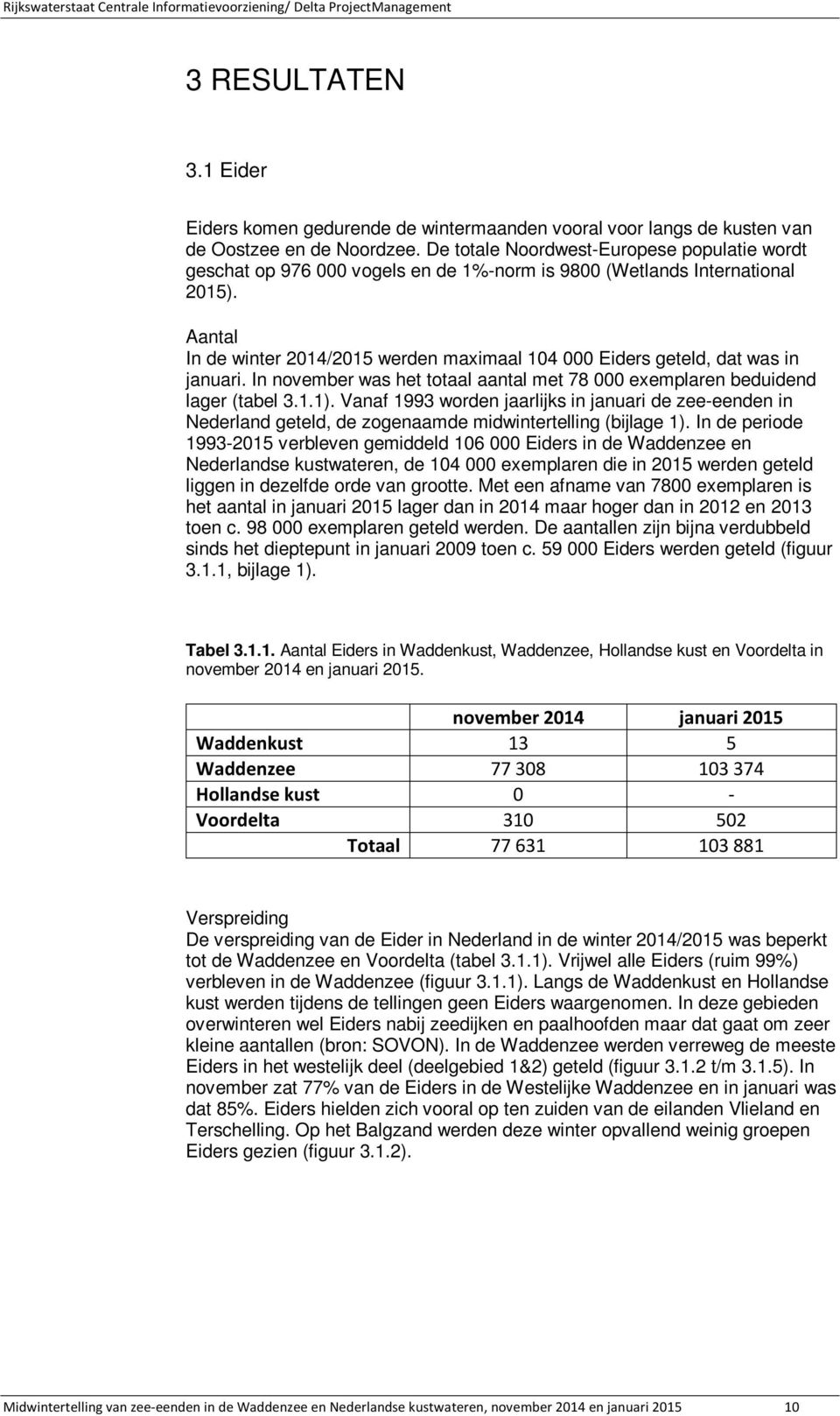 Aantal In de winter 2014/2015 werden maximaal 104 000 Eiders geteld, dat was in januari. In november was het totaal aantal met 78 000 exemplaren beduidend lager (tabel 3.1.1).