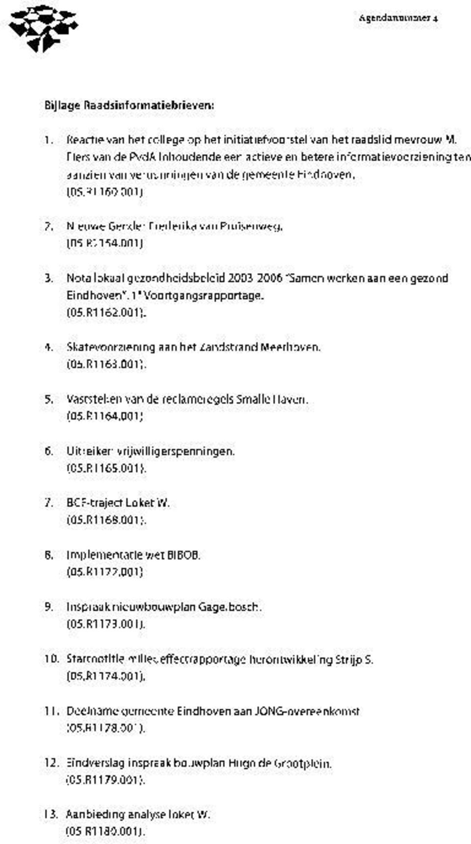 001). 3. Nota lokaal gezondheidsbeleid 2003-2006 "Samen werken aan een gezond Eindhoven". 1 Voortgangsrapportage. (05.R1162.001). 4. Skatevoorziening aan het Zandstrand Meerhoven. (05.R1163.001). 5.