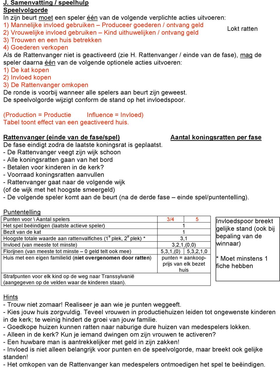 Rattenvanger / einde van de fase), mag de speler daarna één van de volgende optionele acties uitvoeren: 1) De kat kopen 2) Invloed kopen 3) De Rattenvanger omkopen De ronde is voorbij wanneer alle